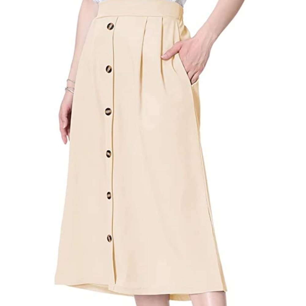 Midi Skirt Casual A Line Front Button High Waist Skirts with Pockets